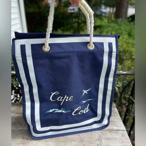Vintage Navy Blue & white canvas bag large Tote CAPE COD - Picture 3 of 10